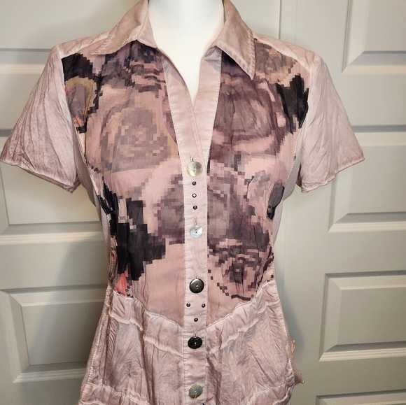 Crisca Pink Western Button Up Collared Crinkle Floral Blouse Womens Size 4 - Picture 5 of 13